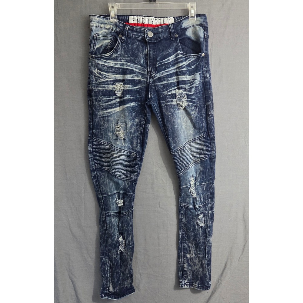 Encrypted Supply Co Mens Acid Wash Biker Jeans Distressed Moto Denim Blue 34x30